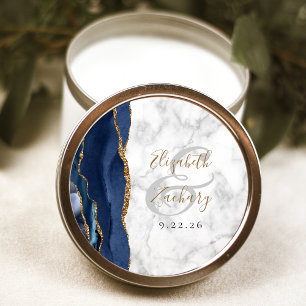 Adesivo Redondo Casamento Mármore Escrito em Ouro Azul Marinho Ága