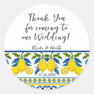 Adesivo Redondo Casamento Mediterrâneo Aquarela Limão Amarelo Azul