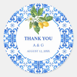 Adesivo Redondo Casamento mediterrânico de azulejos azuis e limões