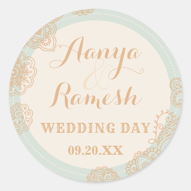 Adesivo Redondo Casamento Mehndi, Círculo Dotado de Mandala (Frente)