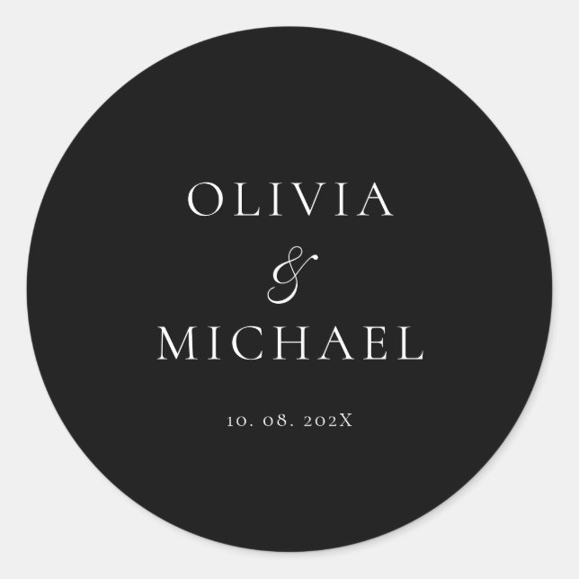 Adesivo Redondo Casamento Minimalista Chic Script Preto (Frente)