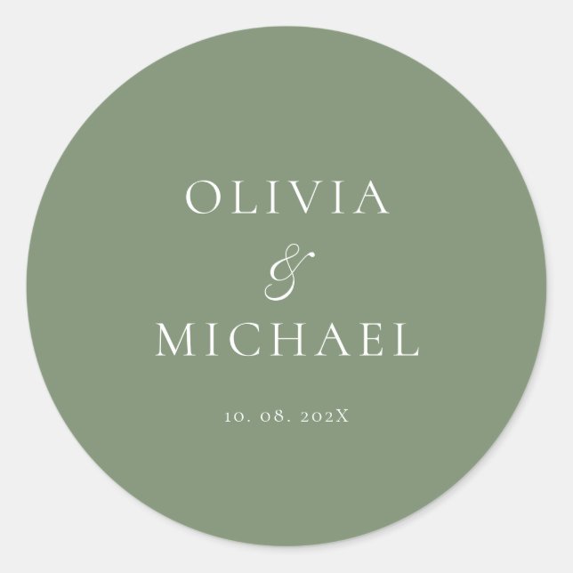 Adesivo Redondo Casamento Minimalista Chic Script Verde Sage (Frente)