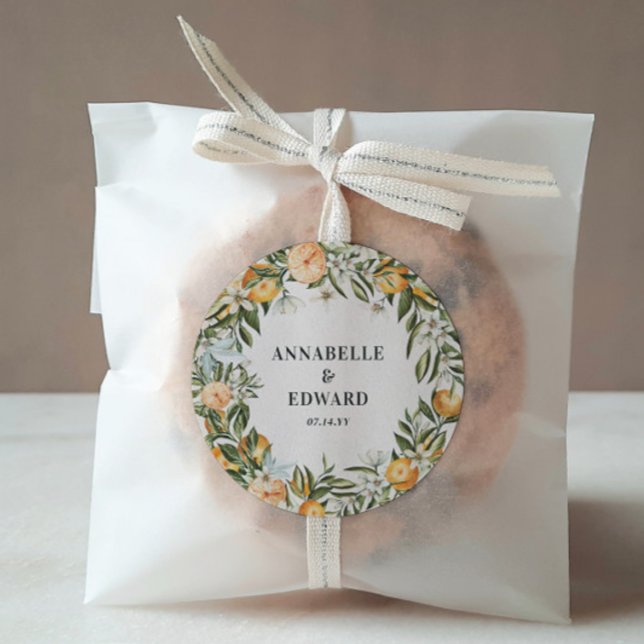 Adesivo Redondo Casamento mínimo e elegante de citrinos laranja (Criador carregado)