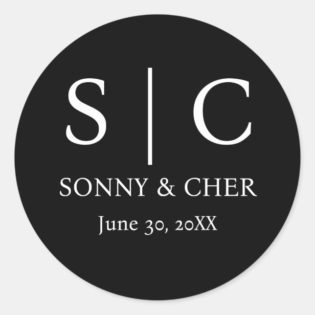 Adesivo Redondo Casamento Mínimo e Elegante de Monograma Branco e  (Frente)