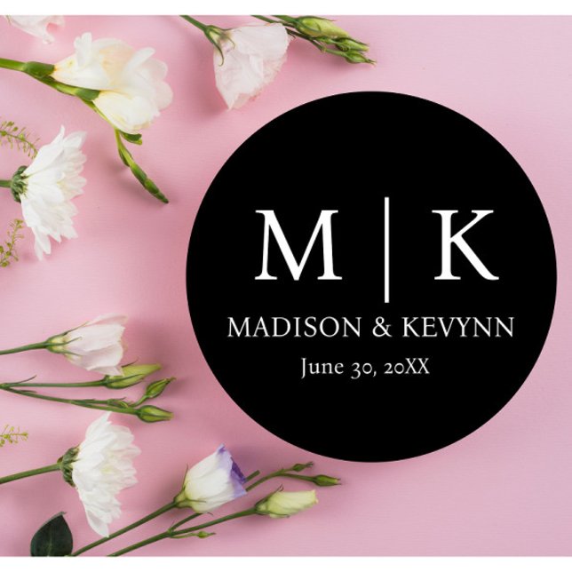 Adesivo Redondo Casamento Mínimo e Elegante de Monograma Branco e  (Criador carregado)