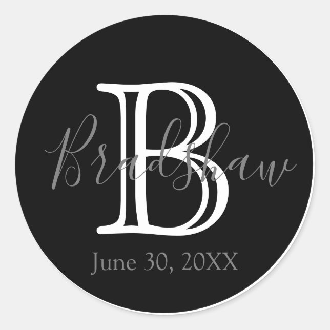 Adesivo Redondo Casamento Mínimo e Elegante de Monograma Branco e  (Frente)