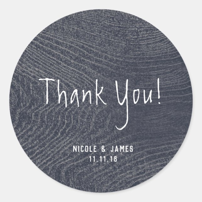 Adesivo Redondo Casamento Mínimo Moderno de Cinza de Madeira Azul  (Frente)