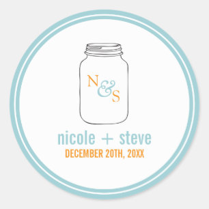 Adesivo Redondo Casamento Mint e Tangerine Mason Jar Monogrammed