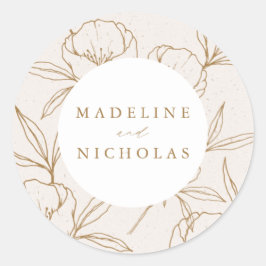 Adesivo Redondo Casamento Moderno Botânico Floral Creme e Dourado