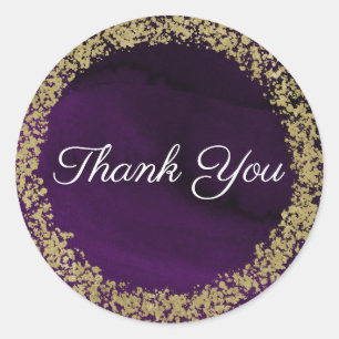 Adesivo Redondo Casamento Moderno com Aquarela Roxo Real e Dourado