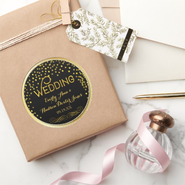 Adesivo Redondo Casamento Moderno Confetti Dourado e Negro (Presentear)