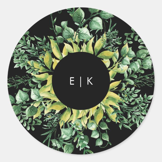Adesivo Redondo Casamento Moderno de Folha Verde Fresca (Frente)