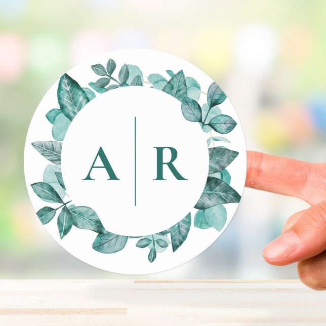 Adesivo Redondo Casamento Moderno Elegante Teal Greenery Watercolo (Criador carregado)