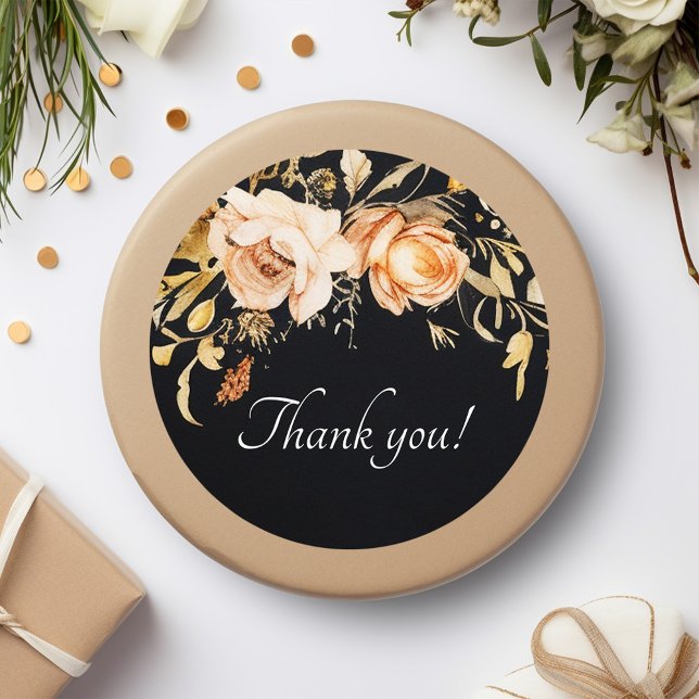 Adesivo Redondo Casamento Moderno Floral Negro (Black Floral Modern Wedding Classic Round Sticker)