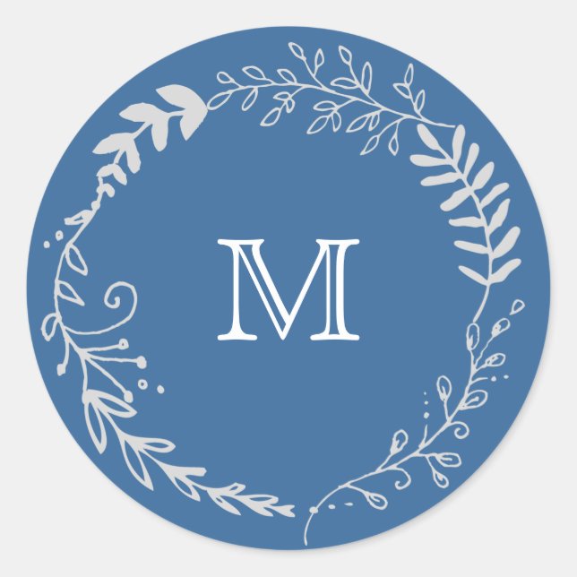 Adesivo Redondo Casamento monocromático elegante da grinalda azul (Frente)