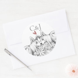 Adesivo Redondo Casamento Monograma de Dois Cães Corgi