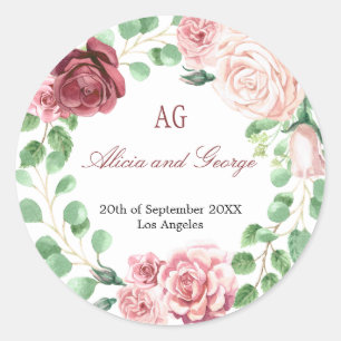 Adesivo Redondo Casamento Monograma de Rosas de Blush Burgundy