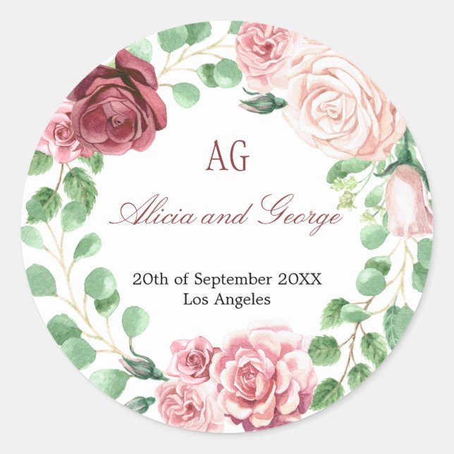 Adesivo Redondo Casamento Monograma de Rosas de Blush Burgundy (Frente)