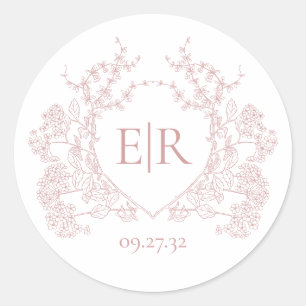 Adesivo Redondo Casamento Monograma Floral Crest Vintage Rosa Empo