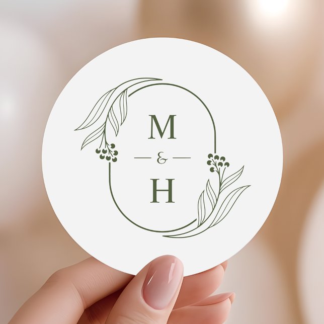 Adesivo Redondo Casamento Monograma Minimalista Boho Azeitona Verd (Criador carregado)