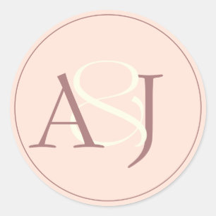 Adesivo Redondo Casamento Monograma Minimalista Rosa Pêssego e Mau