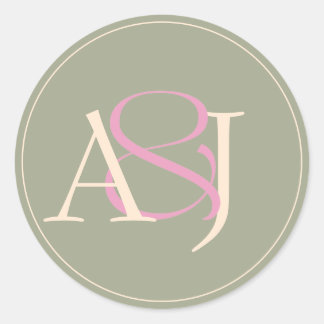 Adesivo Redondo Casamento Monograma Minimalista Verde Salvia e Ros