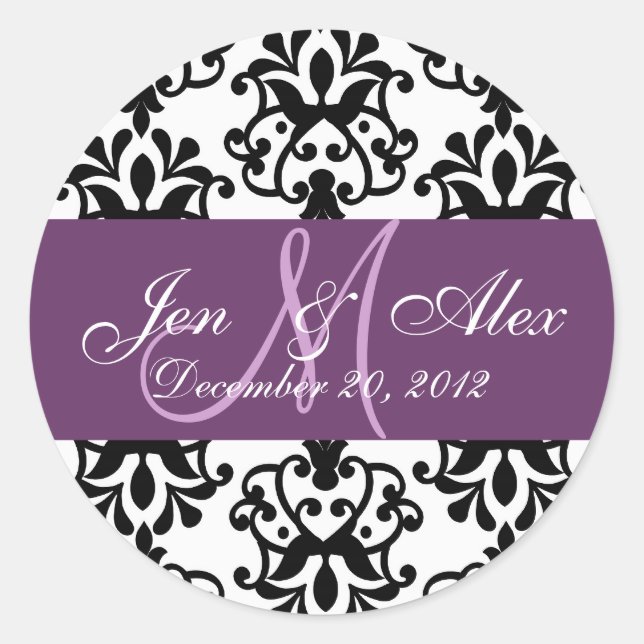 Adesivo Redondo Casamento Monograma Salvar Data Damask Seal (Frente)