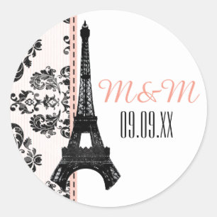 Adesivo Redondo Casamento Monogrammed cor-de-rosa da torre Eiffel