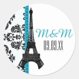 Adesivo Redondo Casamento Monogrammed da torre Eiffel do damasco