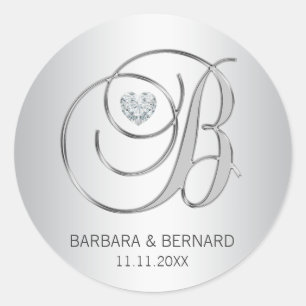 Adesivo Redondo Casamento Monogrammed de prata elegante feito sob