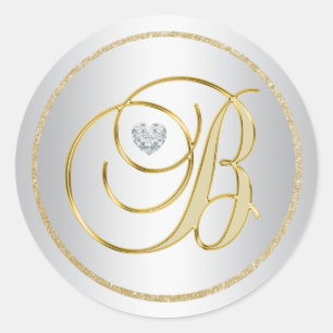 Adesivo Redondo Casamento Monogrammed Dourado de prata elegante