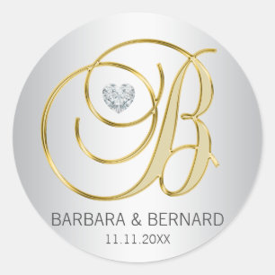 Adesivo Redondo Casamento Monogrammed Dourado de prata elegante