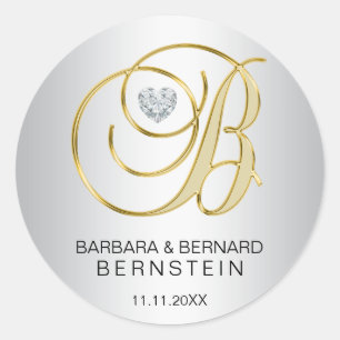 Adesivo Redondo Casamento Monogrammed Dourado de prata elegante