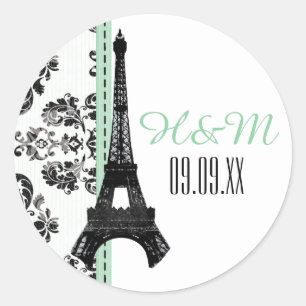 Adesivo Redondo Casamento Monogrammed VERDE da torre Eiffel do