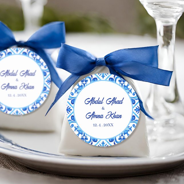 Adesivo Redondo Casamento Muçulmano Islâmico com Padrão Azul do Ma (Criador carregado)
