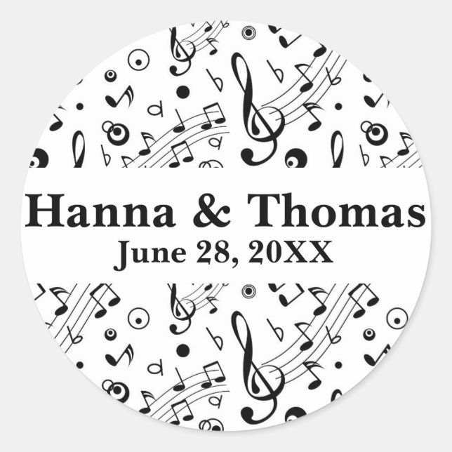 Adesivo Redondo Casamento Musical de Notas de Música (Frente)