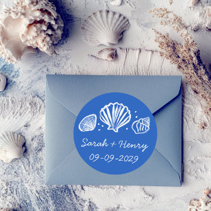 Adesivo Redondo Casamento na Praia de Conchas Azul Branco PERSONAL