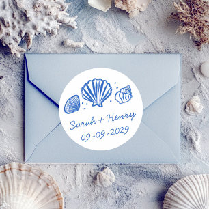 Adesivo Redondo Casamento na Praia de Conchas Azul Branco PERSONAL