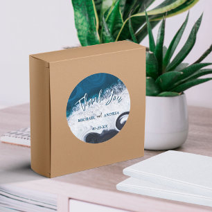 Adesivo Redondo Casamento na Praia Ondas do Oceano Agradecimento A