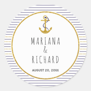 Adesivo Redondo Casamento náutico com faixas azuis Douradas e mari