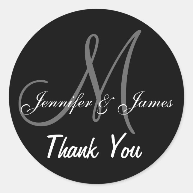 Adesivo Redondo Casamento Negro Obrigado Nomes de Monograma (Frente)