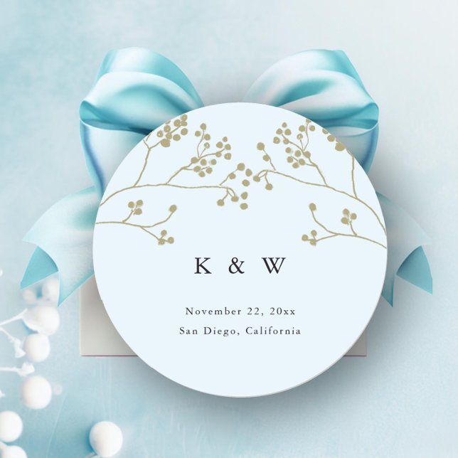Adesivo Redondo Casamento no inverno Chic Azul Elegante Azul Verde (winter greenery wedding sticker favors envelope seals elegant modern classic ice blue gold monograms)