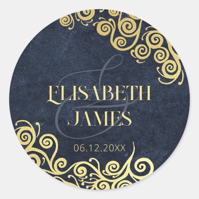 Adesivo Redondo Casamento no inverno De Luxo Azul E Dourado Florei (Frente)