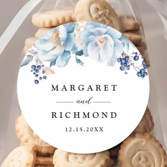 Adesivo Redondo Casamento no inverno Floral Azul Dusty (Criador carregado)