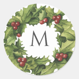 Adesivo Redondo Casamento no inverno Holly Berries Wreath Monogram