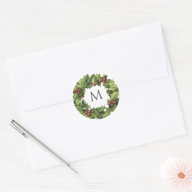 Adesivo Redondo Casamento no inverno Holly Berries Wreath Monogram (Envelope)