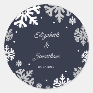 Adesivo Redondo Casamento no inverno marinho Azul Flocos de Neve