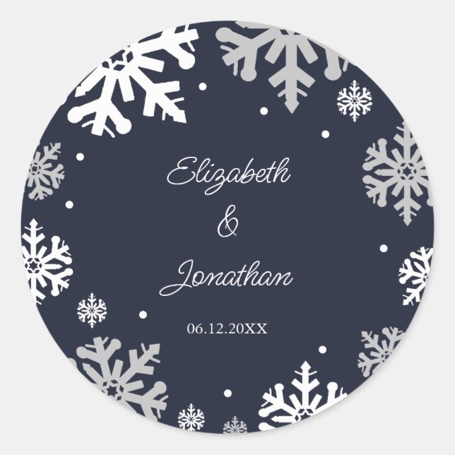 Adesivo Redondo Casamento no inverno marinho Azul Flocos de Neve (Frente)