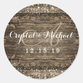Adesivo Redondo Casamento no inverno Rustic Barn Wood Snowflakes