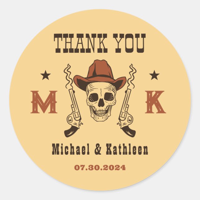 Adesivo Redondo Casamento no País do Monograma do Cowboy Ocidental (Frente)